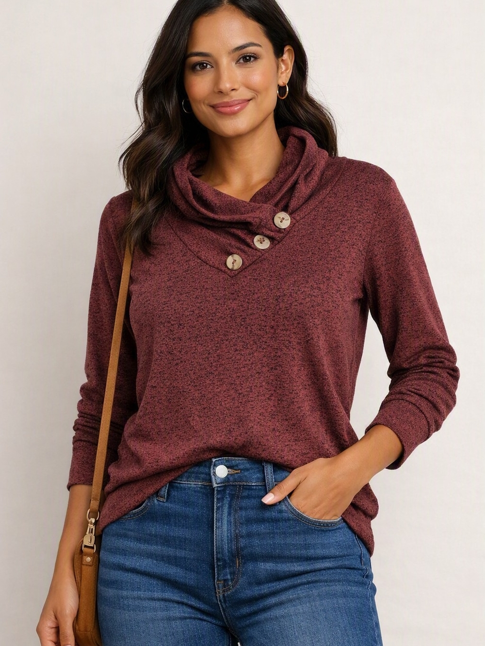 Eclipse Burgundy Button-Trim Cowl Neck Sweater